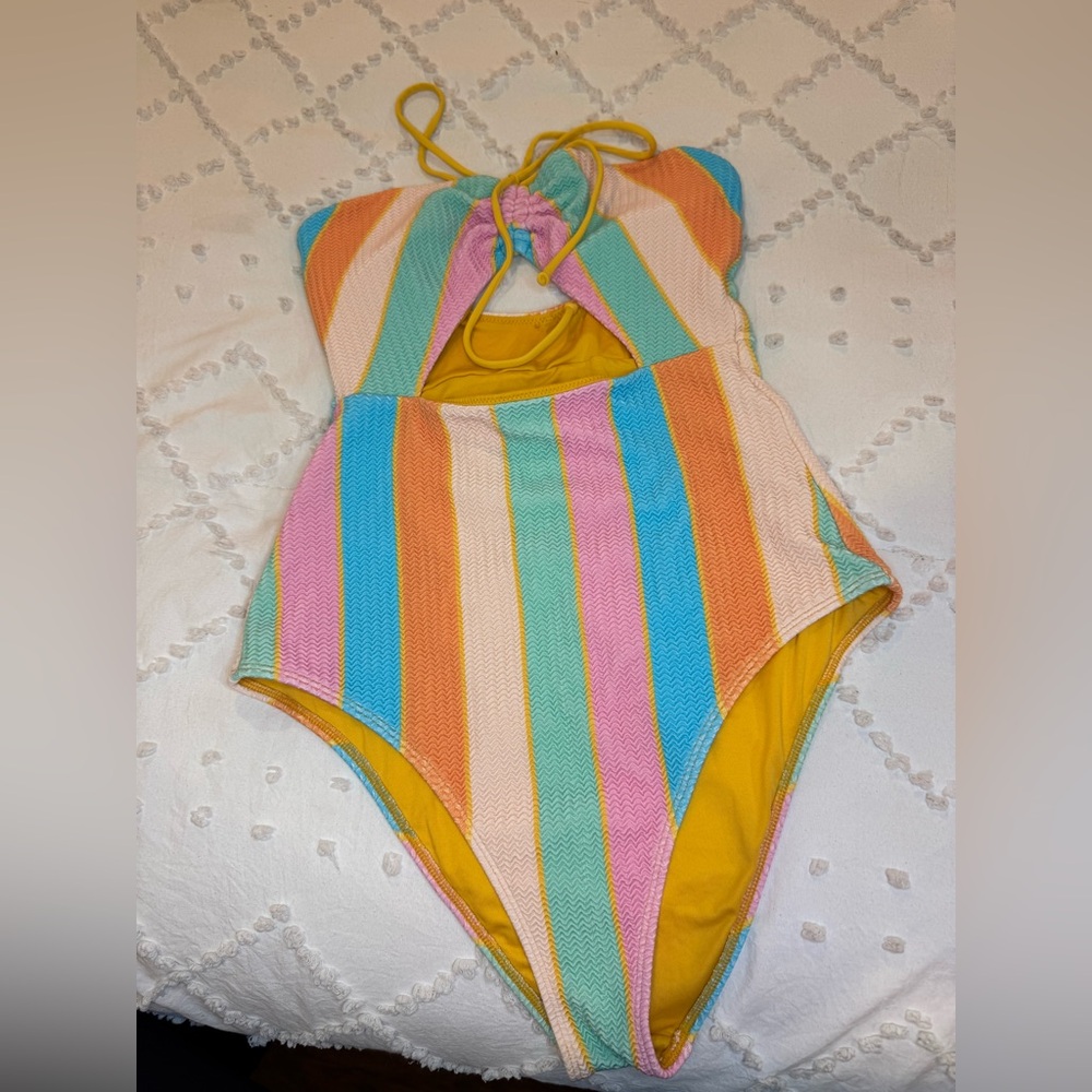 Oneill Striped Pastel One-Piece Swimsuit with Mustard Lining